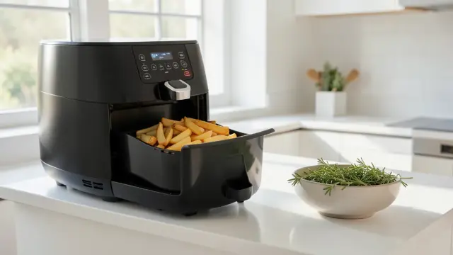 Friggitrice ad aria con cestello estratto e patate croccanti su un piano cucina